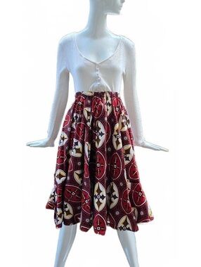Jasco Veritable Wax Block Print Elastic Waist Skirt Pockets Red Masai Sm